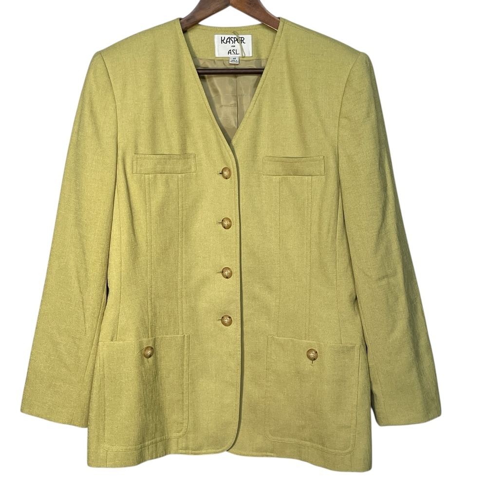 Kasper for ASL Womens Yellow Tweed Button Blazer Jacket Size 14